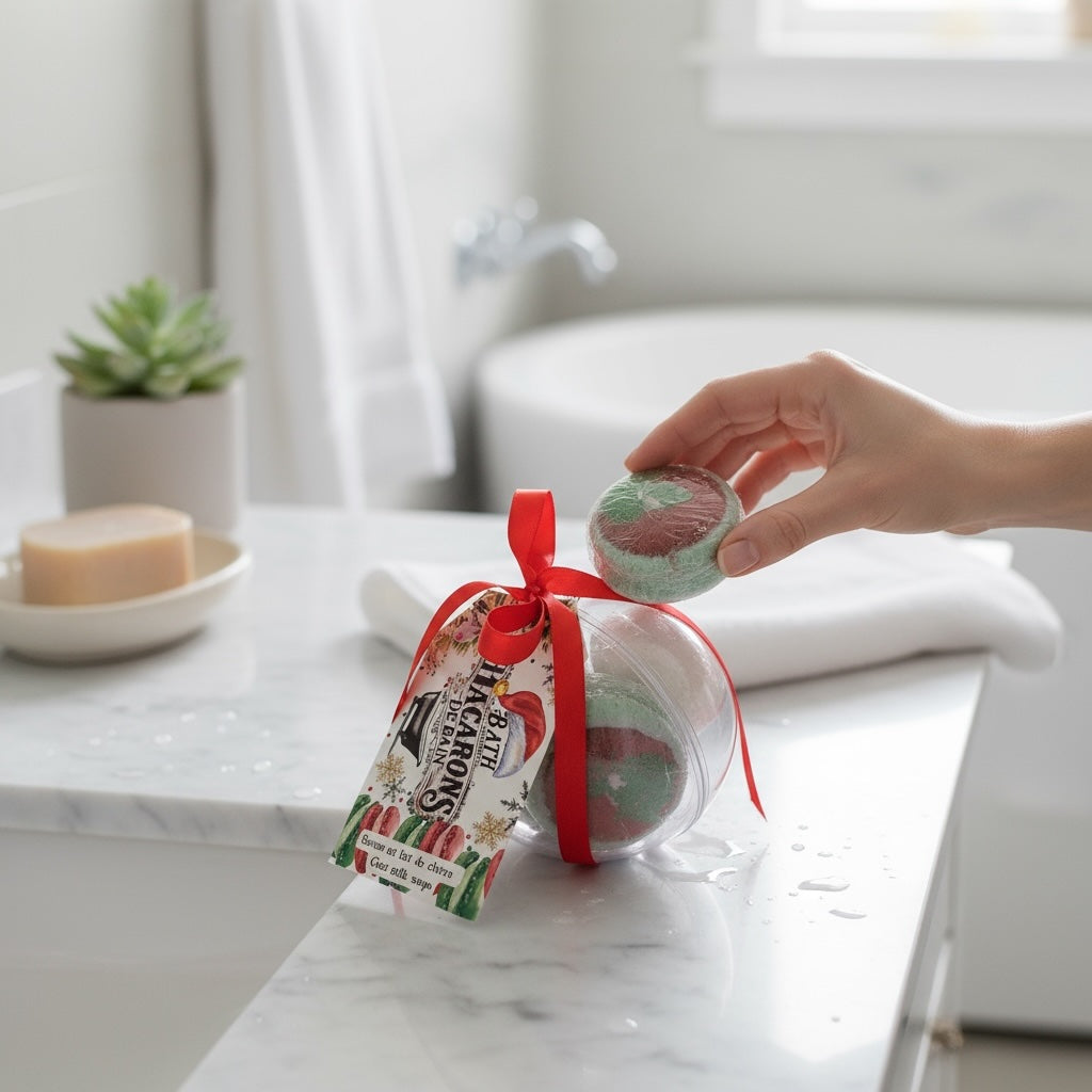 Boule de Noël contenant 3 macarons de savon au lait de chèvre  • Cadeau pratique, festif et original