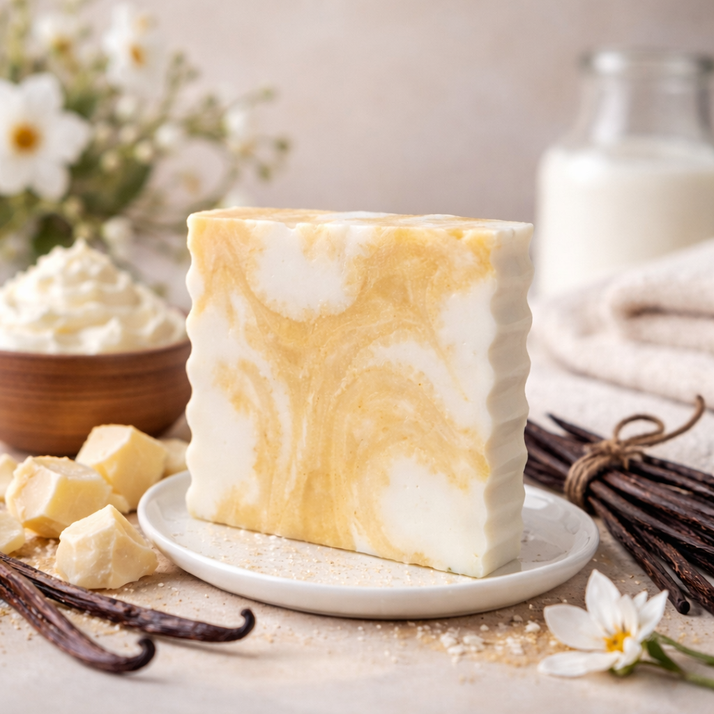 Savon doux au parfum de vanille et beurre de karité fait a la main au quebec